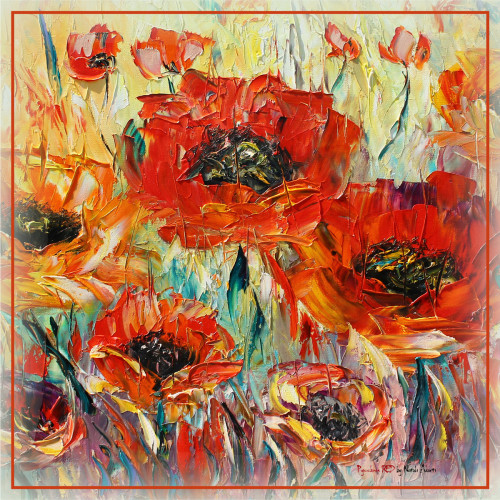 Платок "Королевские маки". Шелк Армани 90х90 см.